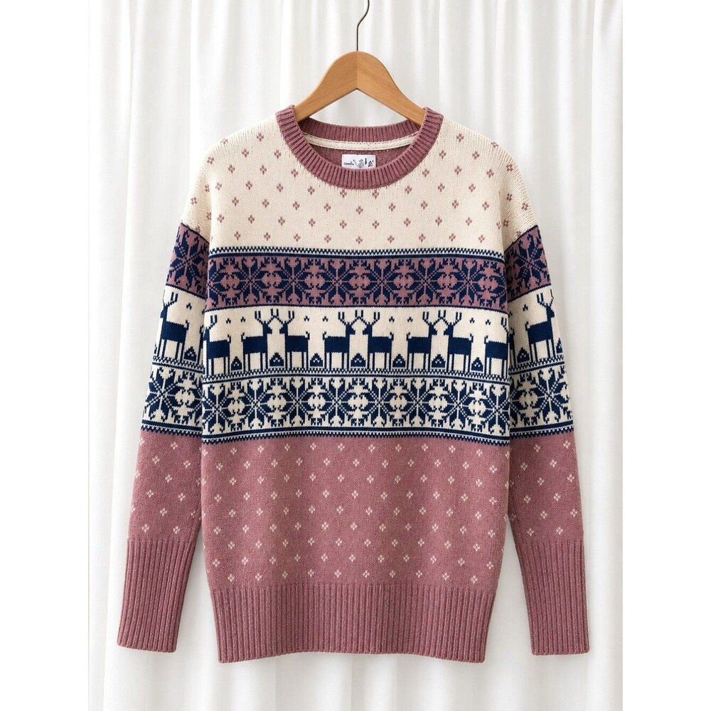 Shrinking Violet Rose Plum Reindeer Fair Isle Nordic Design Knit Sweater